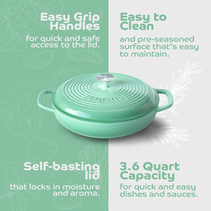 Segretto Cookware 3.6 QT Verde Chiaro (Light Green) Cast Iron Braiser Pan With Lid, Braiser Enameled Cast Iron Casserole Pan With Cover, Lasagna Pan Enamel Cast Iron Skillet with Lid Cookware