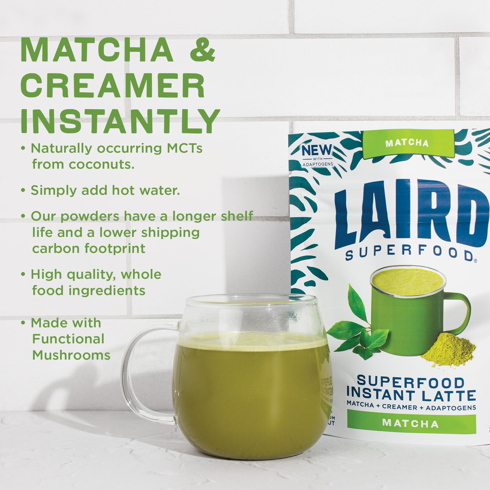 Laird Superfood Matcha Instant Latte with Adaptogens - Matcha Latte Green Tea Powder Packed with Antioxidants and Superfood Coconut Creamer - Gluten Free, Non-GMO, Vegan, 8 oz. Bag, Pack of 1