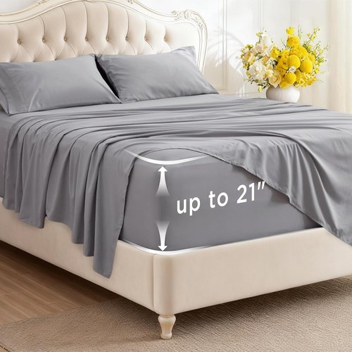 Bedsure Deep Pocket Queen Sheets Set - Soft & Cooling GentleSoft Fabric - Fits Mattresses Up to 21" - Light Grey, 4-Piece