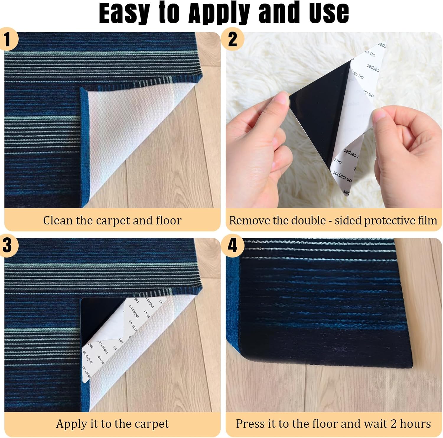 Premium 12Pcs Rug Tape by Skiennix - Non-Slip, Residue-Free Carpet Tape for Hardwood & Tile Floors (Black)