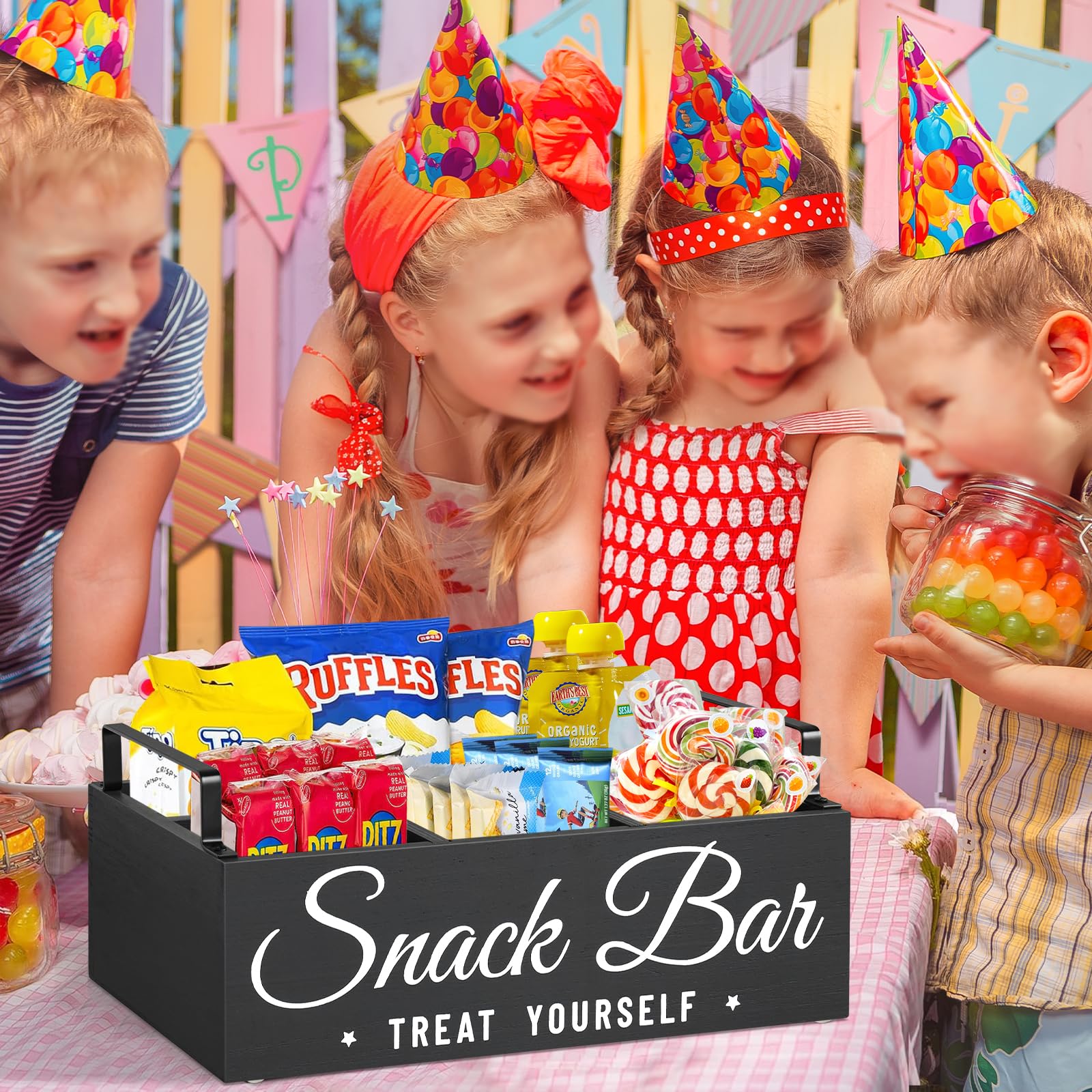 Unistyle Wood Pantry Storage Bins with Handles, Snack Organizer for Countertop, 4 Compartment Food Container Snack Box, Black