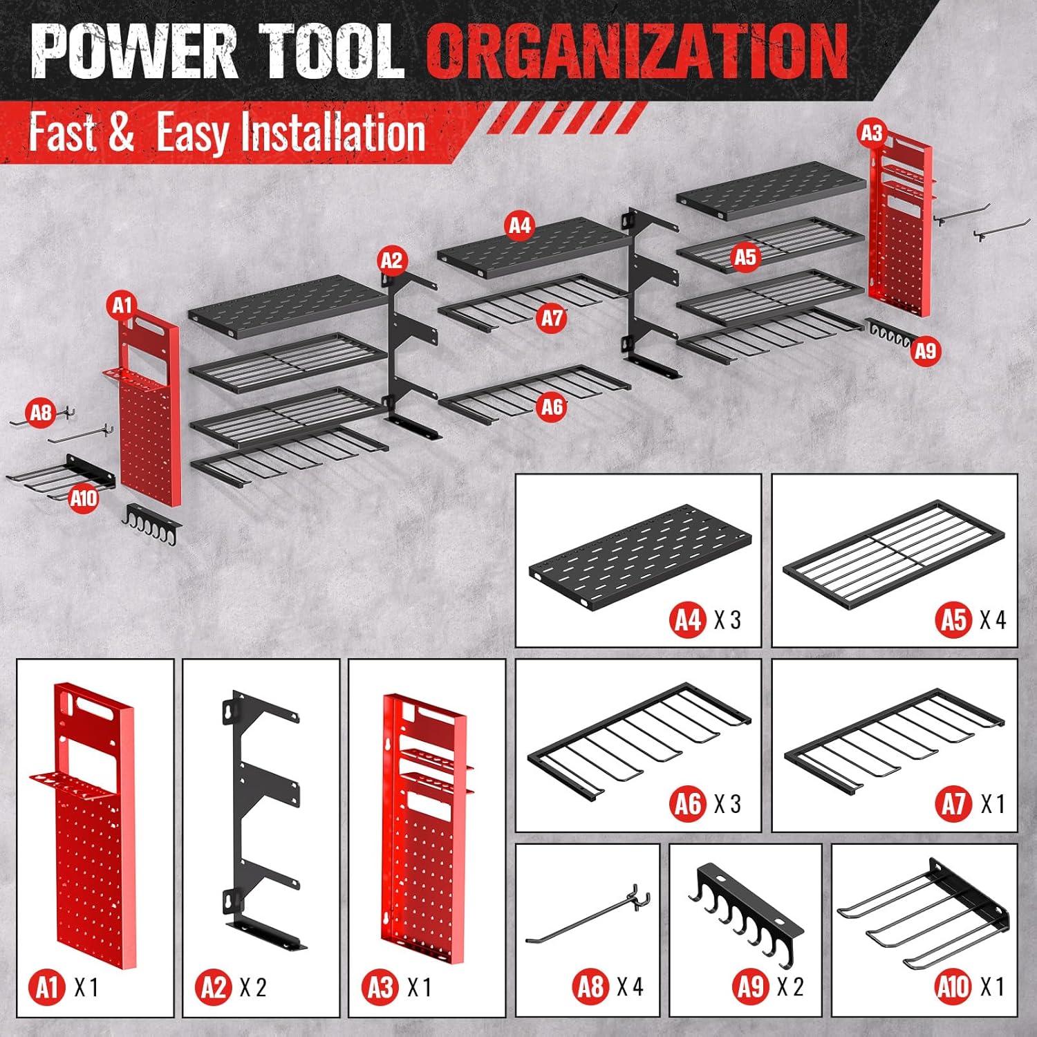 Super Large Power Tool Organizer - 4-Layer Heavy Duty Wall Mount with 18 Cordless Drill Holders | 600 lb Capacity (Red)