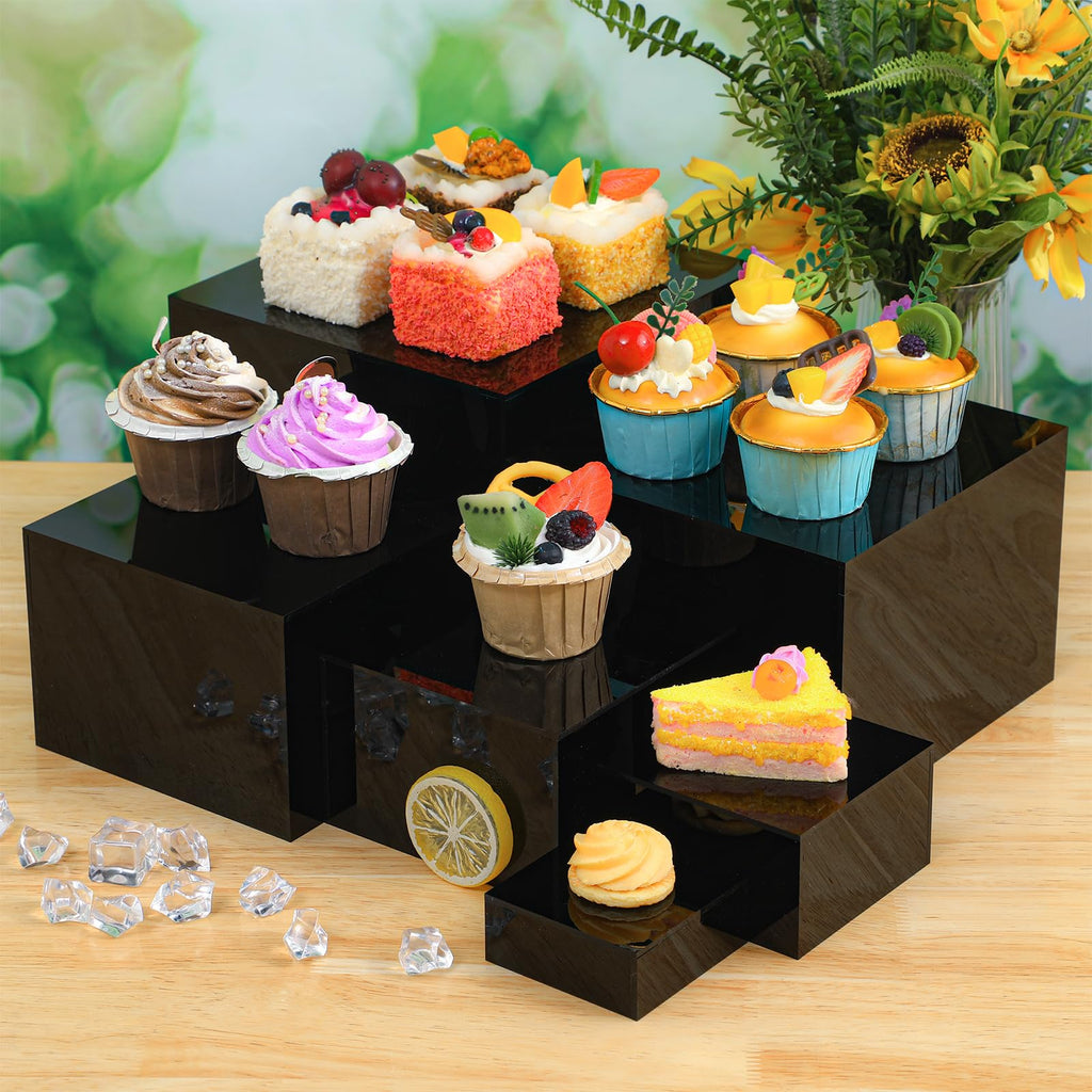 Geelin 6 Pack Acrylic Risers for Display Acrylic Cube Boxes Risers Display Stands with Hollow Bottoms Decorative Stand for Jewelry Candy Table Decor 6 Sizes(Black,3 to 8 Inch,Square)