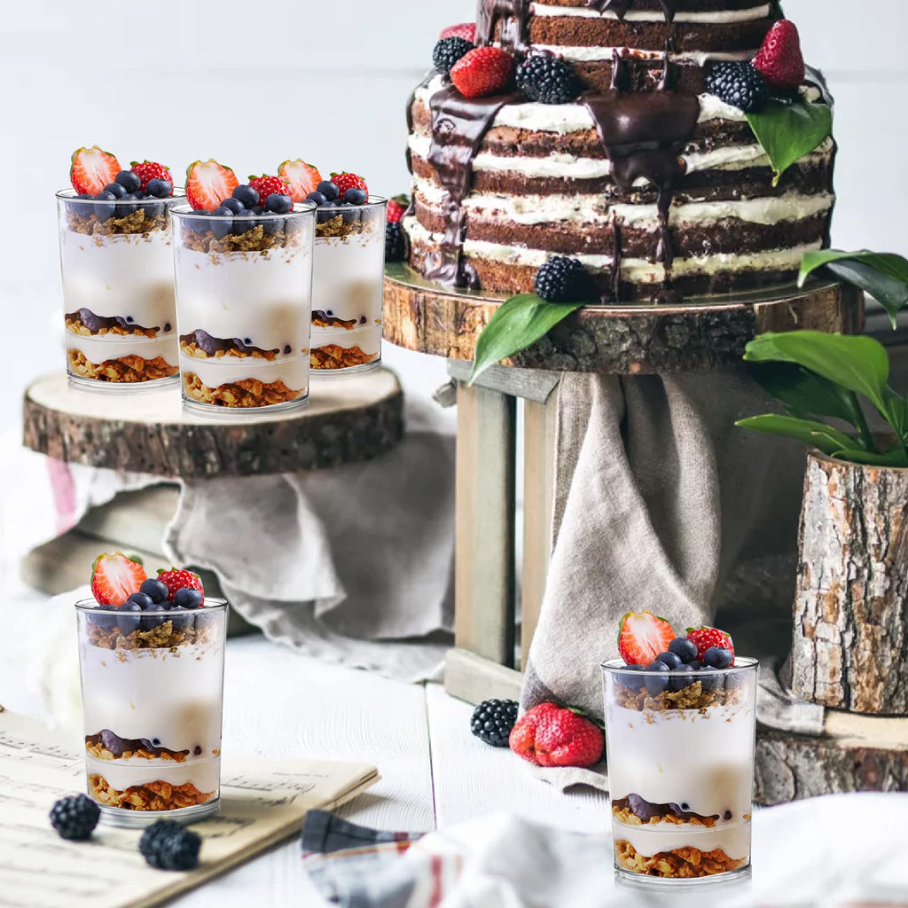 Okllen 100 Pack Mini Dessert Cups with Spoons, 3 Oz Round Shot Cups Plastic Dessert Shooters, Appetizer Parfait Cups Shot Glasses for Chocolate Desserts, Ice Cream, Puddings, Tasting Party