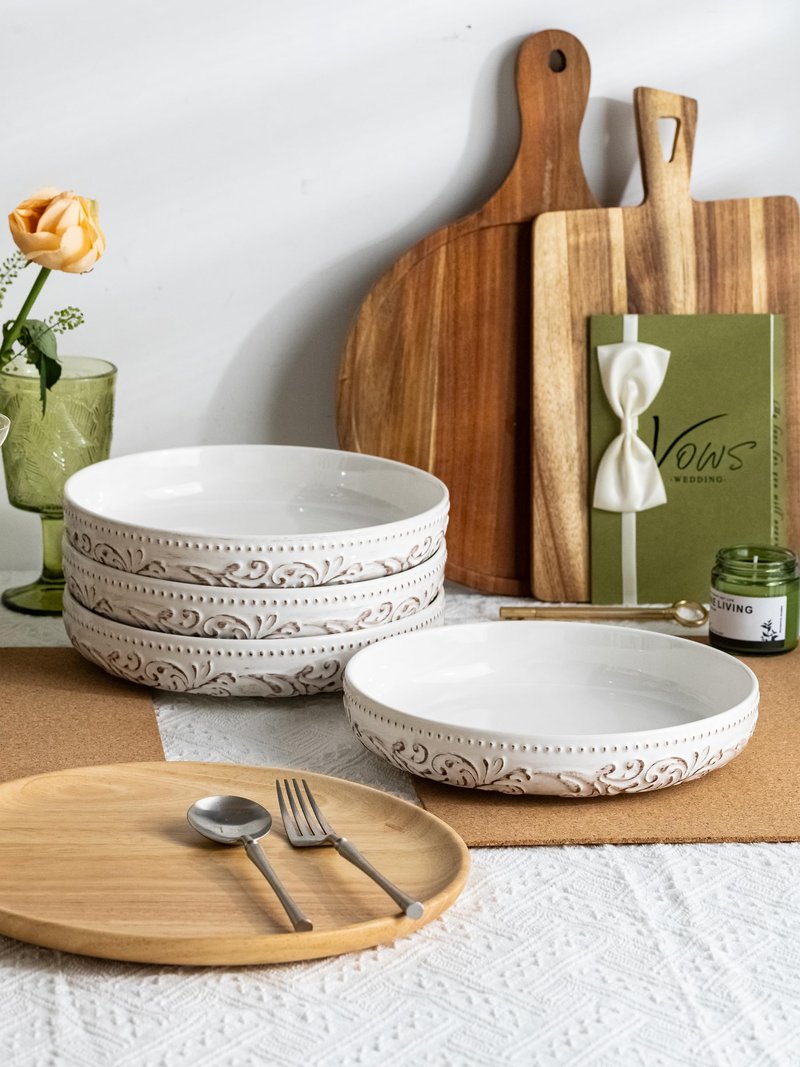 YHOSSEUN Pasta Bowls Set of 4, 50 OZ Large Salad Serving Bowls, 9.75" Pasta Plates Shallow Bowls Set, Microwave Dishwasher Safe, Antique Morning Glory