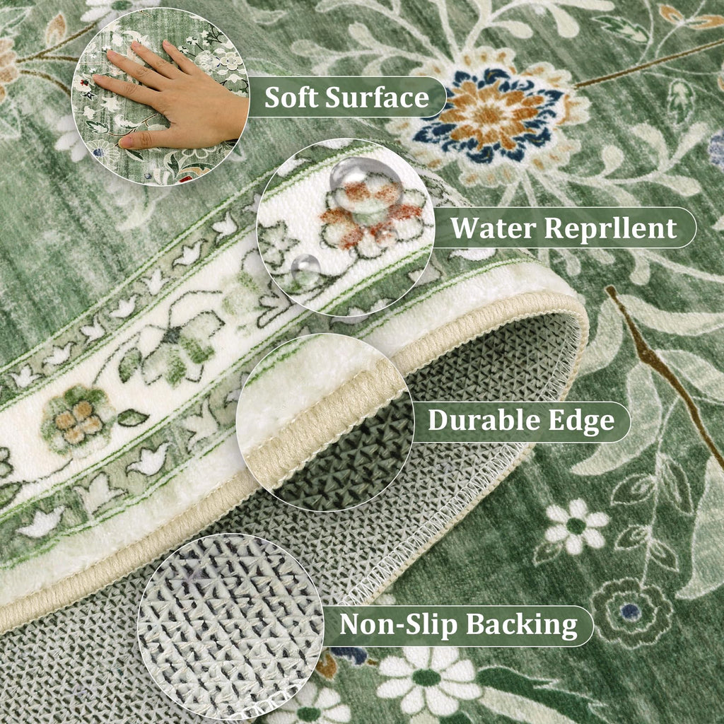 Yamaziot Washable Runner Rug 2x12 – Floral Non Slip Boho Hallway Runner Rug with Rubber Backing, Low Pile Faux Wool Distressed Carpet for Kitchen, Laundry, Bedroom, Entrance, Green