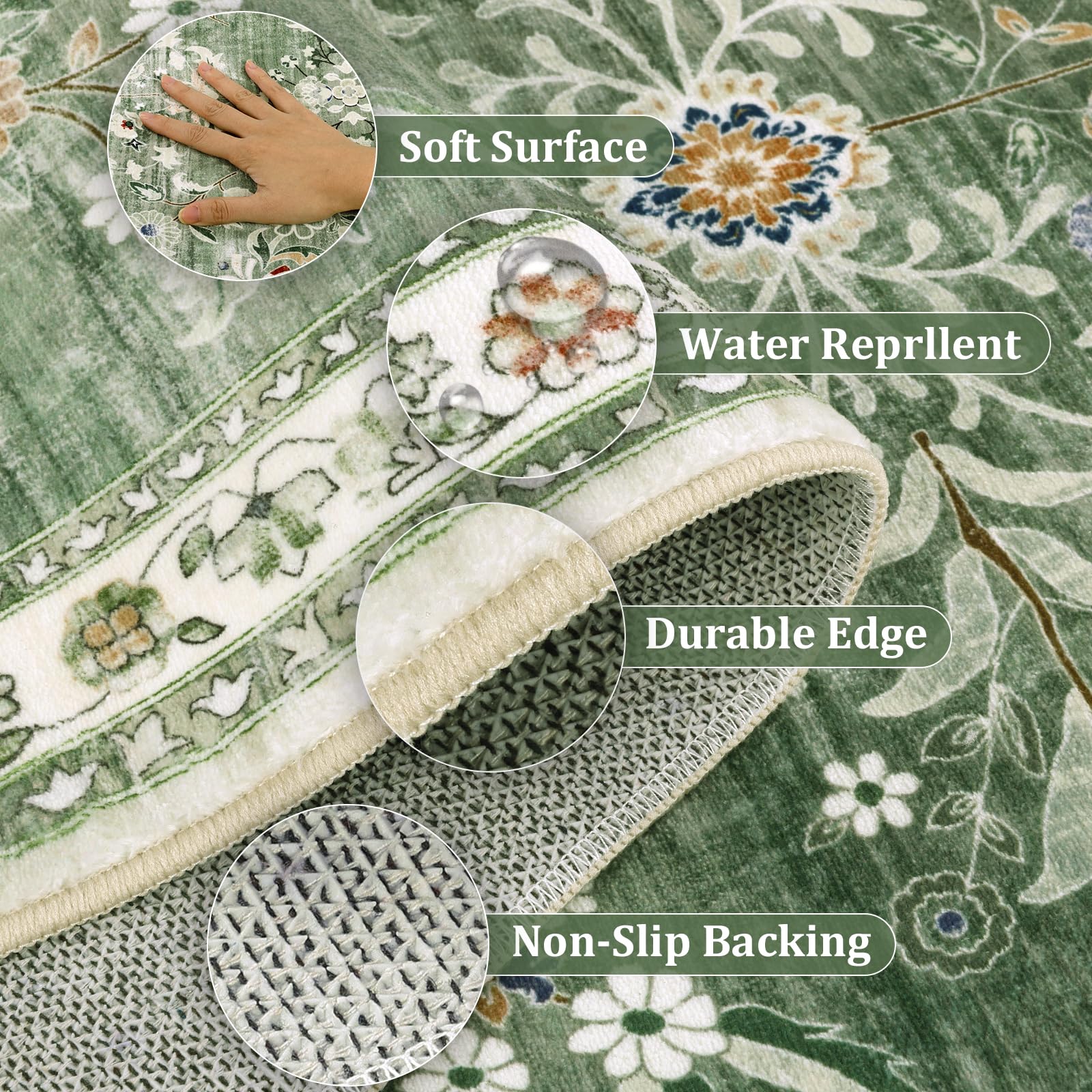 Yamaziot Washable Runner Rug 2x12 – Floral Non Slip Boho Hallway Runner Rug with Rubber Backing, Low Pile Faux Wool Distressed Carpet for Kitchen, Laundry, Bedroom, Entrance, Green