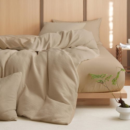 Wake In Cloud - Waffle Cotton Comforter Set, 100% Cotton Fabric Bedding, Waffle Weave Knit Textured Neutral Farmhouse Soft Lightweight, 3 Pieces, Tan, Queen Size