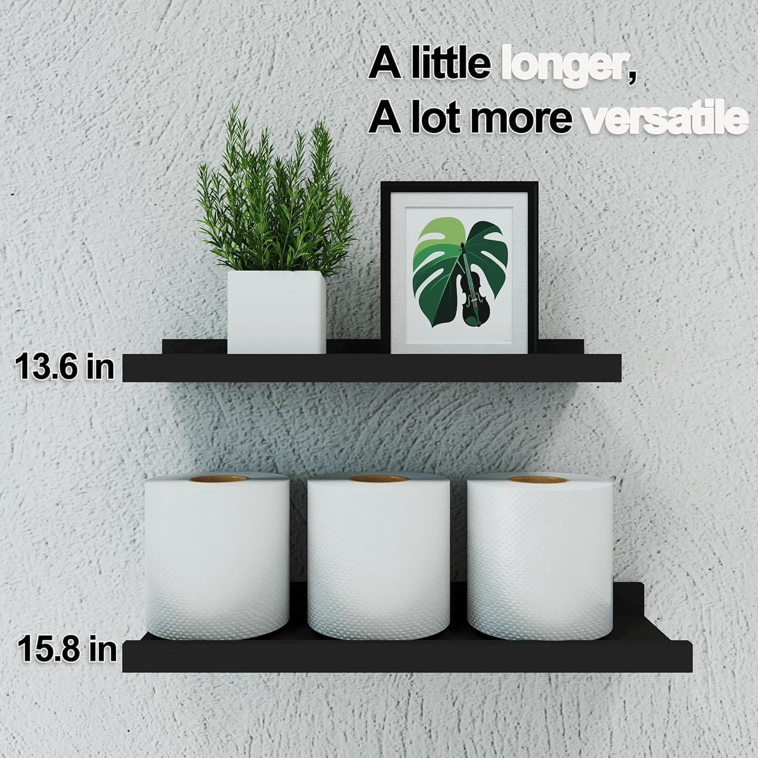 Skiennix Black Floating Shelves - Stylish Wall-Mounted Wood Storage for Home Decor | Set of 2, 14 Inches