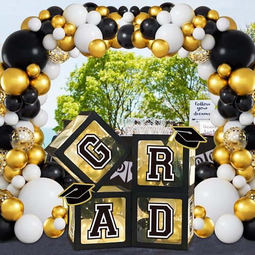 DAZONGE Graduation Decorations 2026 - Black & Gold Set with 4 Grad Boxes, 139pcs Balloon Arch & Lights