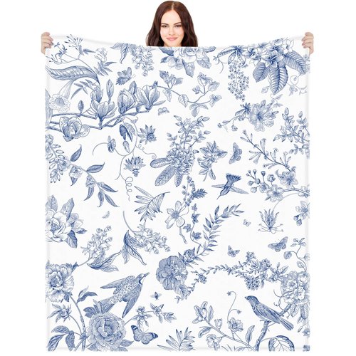 Mindsoft Blue White Flower Blanket Butterfly Soft Throw Blanket Country French 60"x50" Blanket Washable for Spring Summer Fall Party