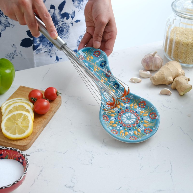 Handmade Spoon Rest, Ceramic Spoon Rest for Stove Top, 10" Spoon Rest for Kitchen Counter, Dishwasher Safe Spoon Holder for Stove, Housewarming Gifts Utensil Rest, Colorful Spoon Rests (Turquoise)