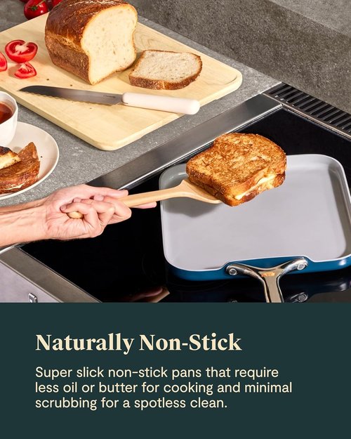 Caraway Square Cookware Set - Non-Stick Ceramic Pans for Griddling & Searing - Navy Color