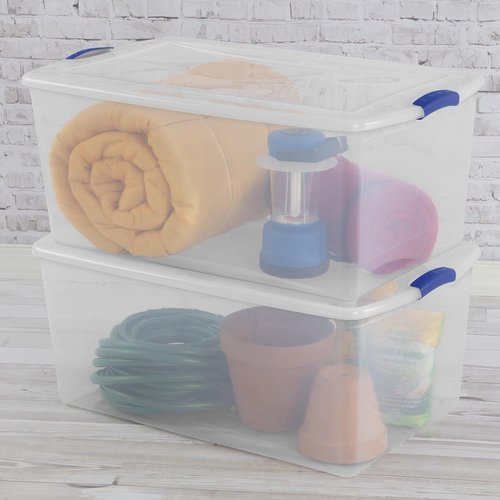105 Qt. Plastic Storage Bin - Durable Lid, Stackable Clear Tote with Blue Buckles for Easy Organization
