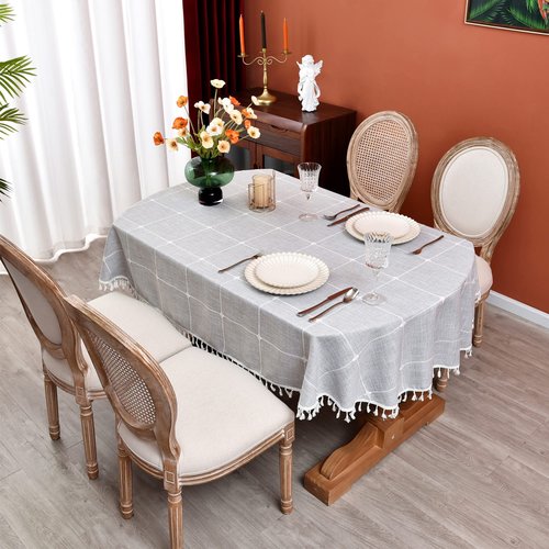 Monibana Plaid Farmhouse Gray Oval Tablecloth Cotton Linen Heavy Weight Checkered Table Covers Cloths for Dining Room Kitchen Tabletop Decoration, 54x72 Inch