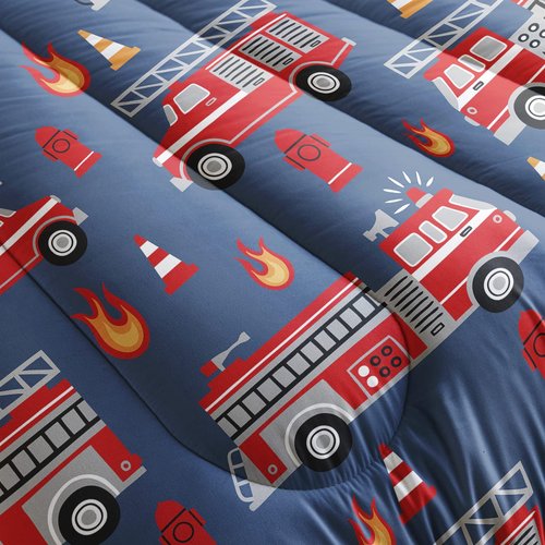 QOOMO Fire Truck Comforter Queen Size,Truck Kids Comforter Set,3Pcs Bedding Set Printed Comforter with 2 Pillowcases,Down Alternative,Soft and Lightweight,for All Seasons