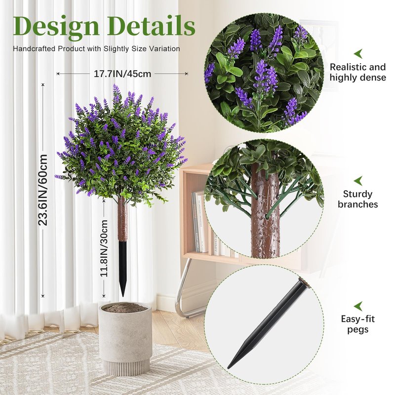 LUWENER 23.6" Artificial Lavender with Boxwood Topiary Ball, 2 Pack UV Resistant Artificial Shrubs，with Ground Spikes, Indoor and Outdoor Fake Evergreen Tree for Porch, Garden, Front Door Decoration