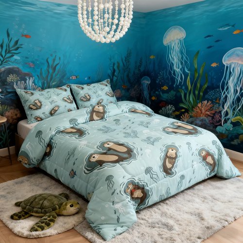 Manfei Cartoon Otters Boys Comforter Set Twin Size,Seaweed Jellyfish Sea Animals Bedding Set 2pcs for Kids Teens Home Room Decor,Ocean Lake Girly Quilt Set,Kawaii Teal Duvet Insert,1 Pillowcase