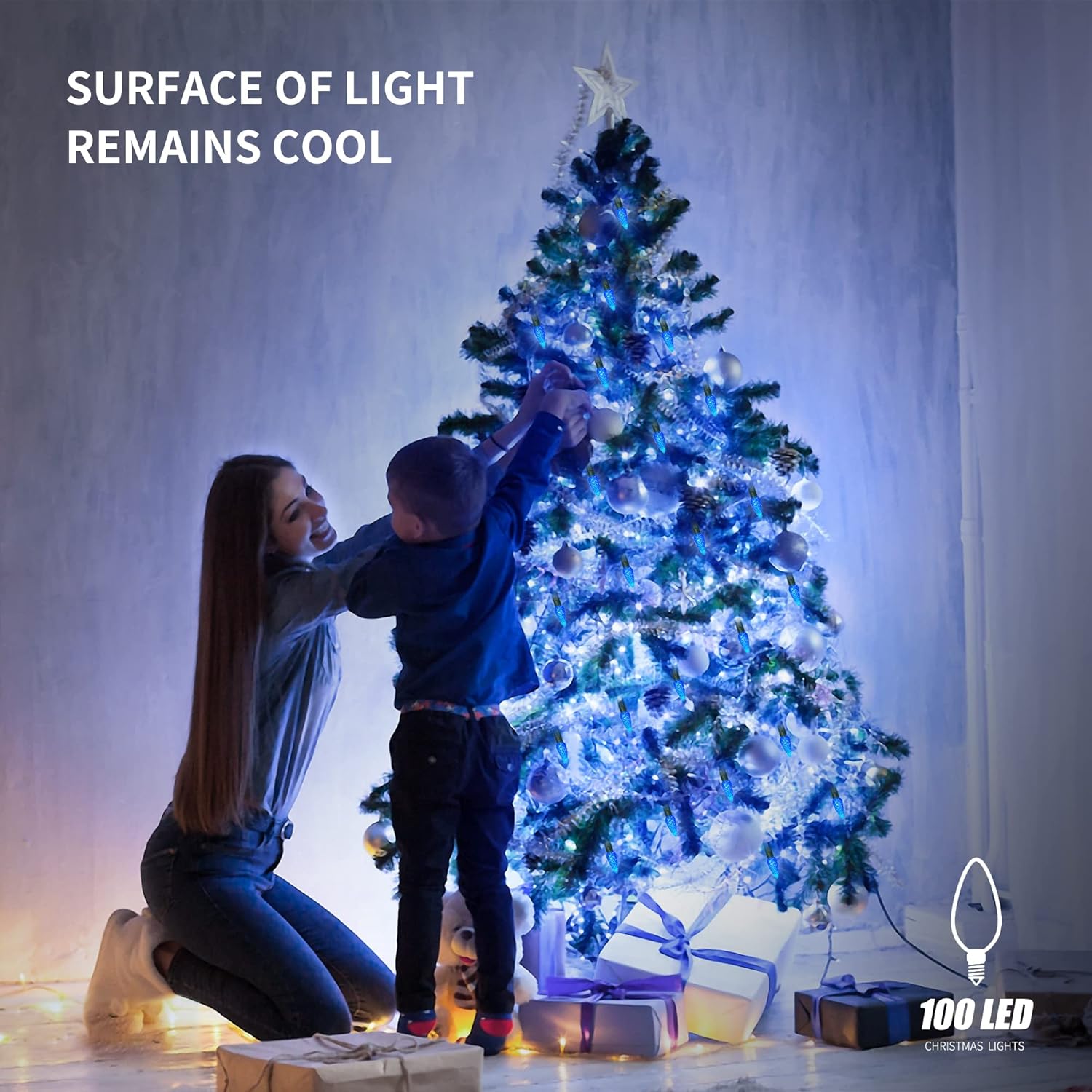 WATERGLIDE C6 100 LED Christmas Lights - 33ft Waterproof Fairy String Lights for Indoor/Outdoor Decor | Blue