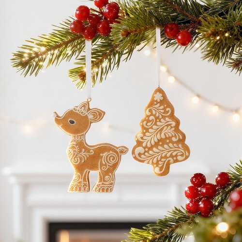 Cynkeyee Gingerbread Decorations | 2-Piece Resin Christmas Ornaments - Tree & Deer, 4.5x0.5x3 IN
