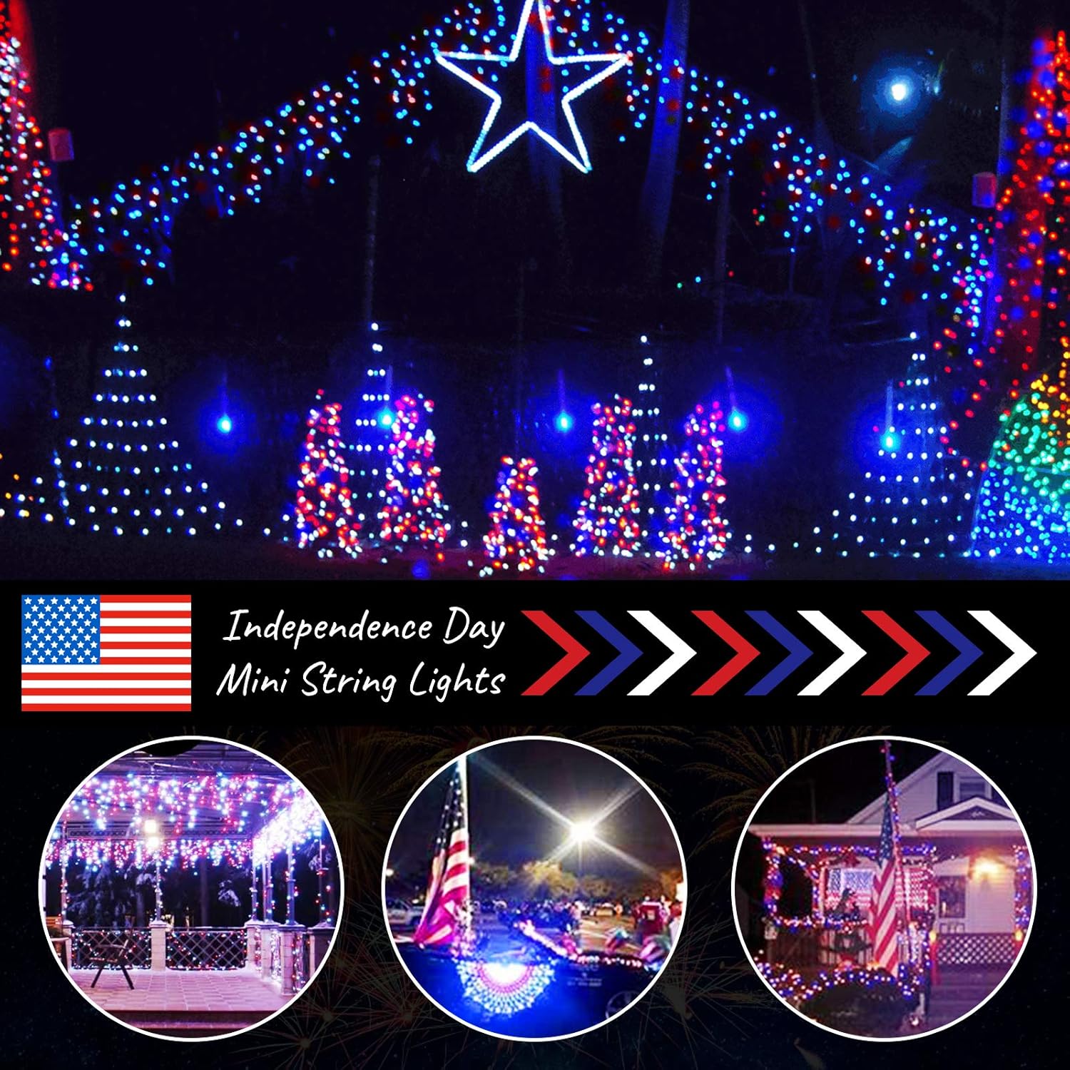 Patriotic Mini String Lights by 4th of July - 200 Count, 50 Feet Waterproof Red, White & Blue