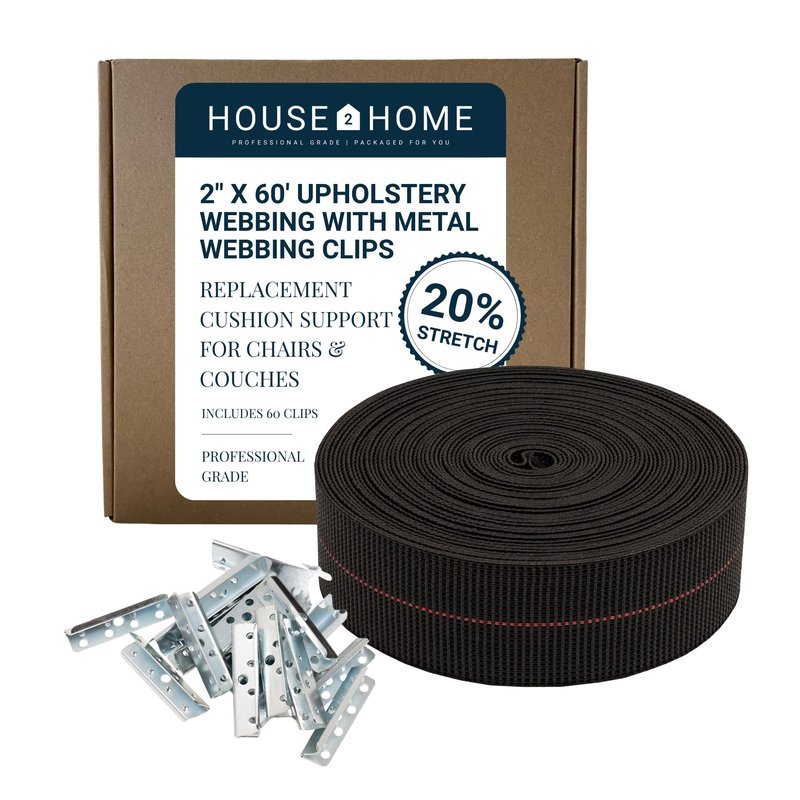 House2Home Replacement Elastic Webbing Kit to Repair Sagging Couch, Chair, Lawn,and Patio Furniture, Includes Installation Instructions, 2 Inch Wide x 60 Ft. Metal Webbing Clips