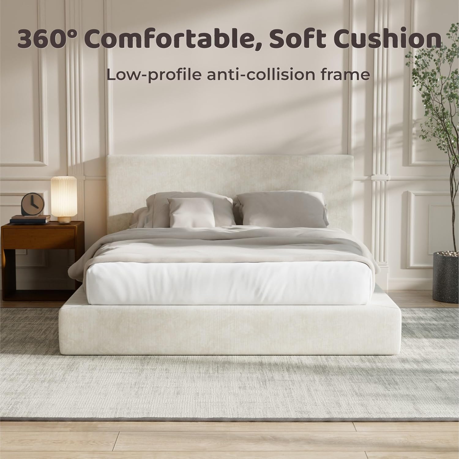 RECCI AirFrame Queen Bed Frame - Cloud Upholstered Platform with Headboard, 5-Inch Foam Cushioned, Easy Assembly | Beige Chenille