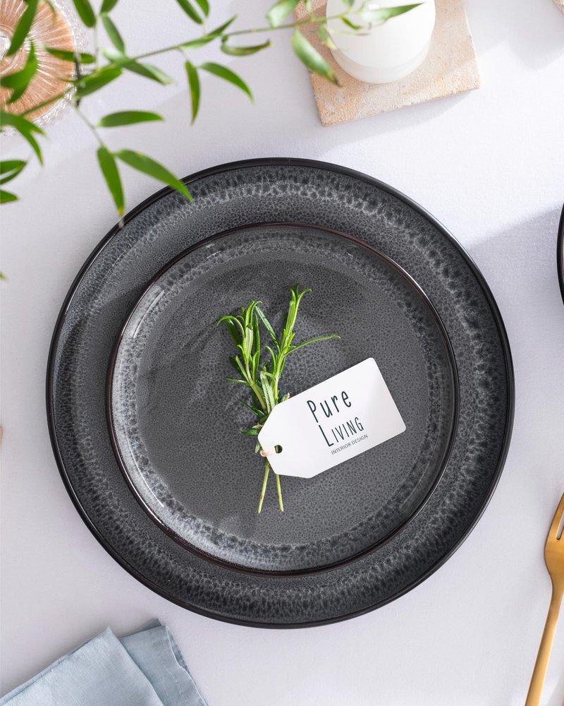 Stoneware small dinner plates set 8 pcs – 7.5" light beige & blue ceramic salad & dessert plates – Dishwasher and microwave safe – Stylish plates set – Dinner service Pure Living Interior Design