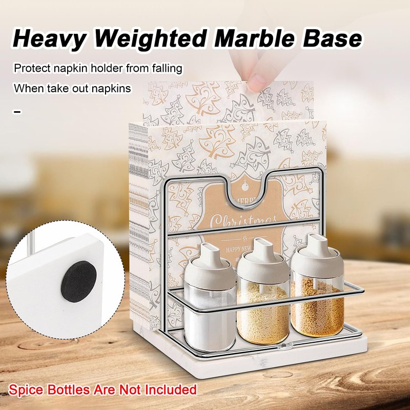 Livabber Napkin Holder, Metal Napkin Storage with Salt and Pepper Shakers Caddy Modern Napkin Dispenser for Table Kitchen Countertop, Not Including Salt and Pepper Shakers (Middle Marble, Chrome)