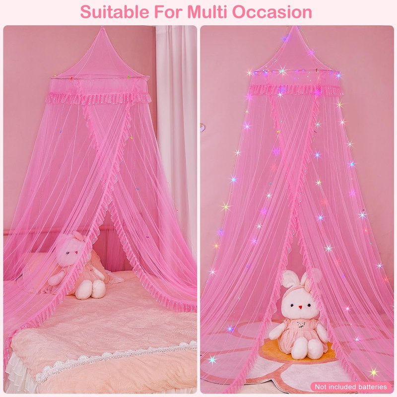Beinou Bed Canopy for Girls with Timer Remote Canopy Bed with Lights Breathable Net Canopy for Bed Kids Girls Room Decor,Pink