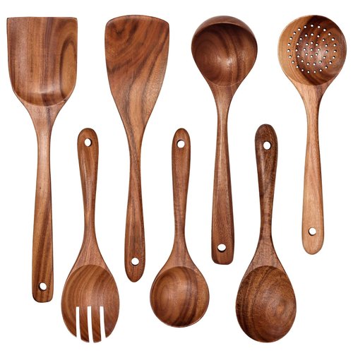 Wooden Non-Stick Kitchen Pan Toolset 7 Pieces Set,100% Natural Teak Kitchen Utensils Spatula, Wooden Cooking Utensils Spoons, Fried Spatula and Salad Fork