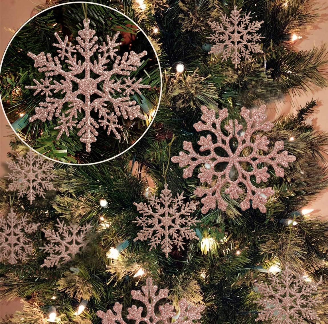 Regine Switzerland 36pcs Christmas Rose Gold Snowflake Ornaments - Glittery Winter Tree Decor
