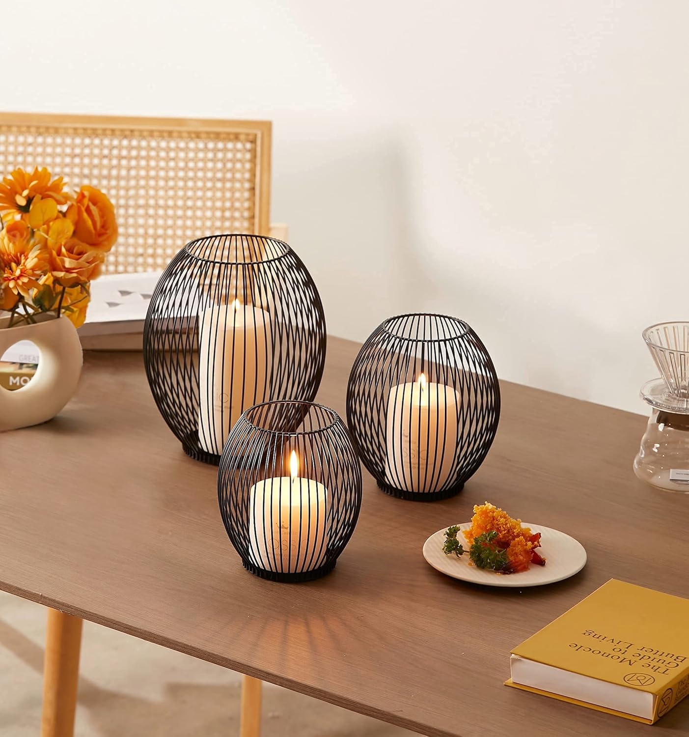 OLEEK Outdoor Candle Holders - Black Wire Pillar Candle Holders for Patio & Table Centerpiece - Iron Lantern Decor