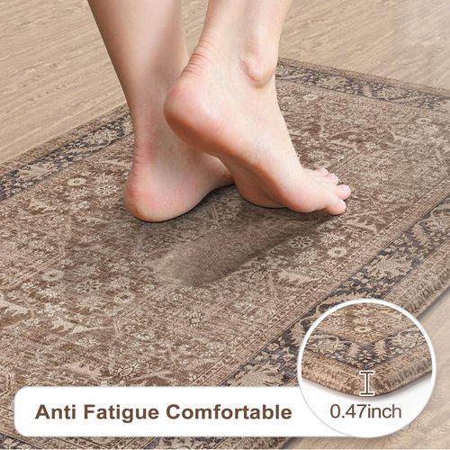 KIMODE Anti Fatigue Kitchen Mat 20"x59"+20"x32", Boho Distressed Kitchen Rugs Sets of 2, Kitchen Mats for Floor Cushioned Non Slip, Comfort Kitchen Floor Mats for Sink, Laundry, Desk Brown