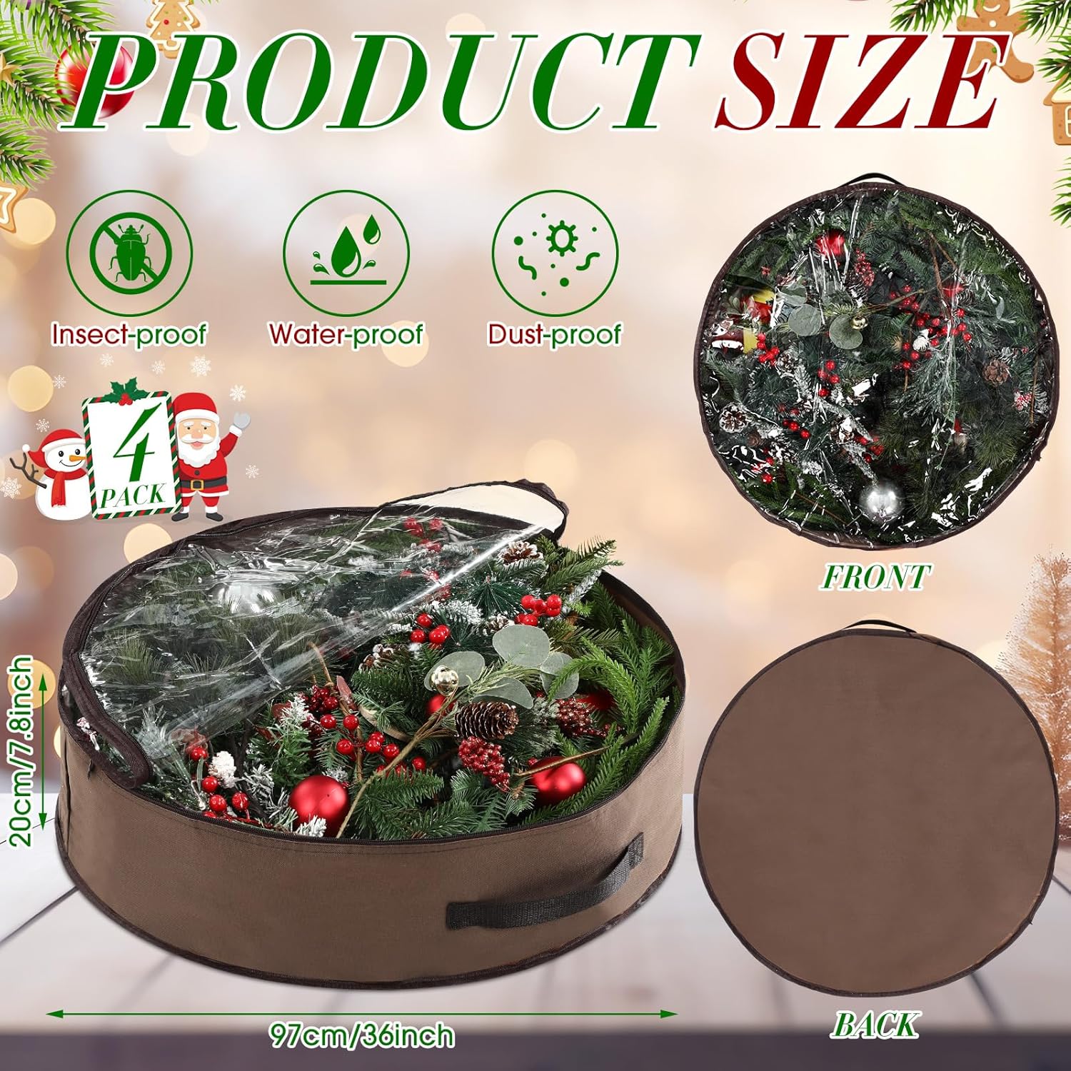 Regine Switzerland 36-Inch Wreath Storage Container - 4 Pack with Clear Window & Dual Zipper, Brown