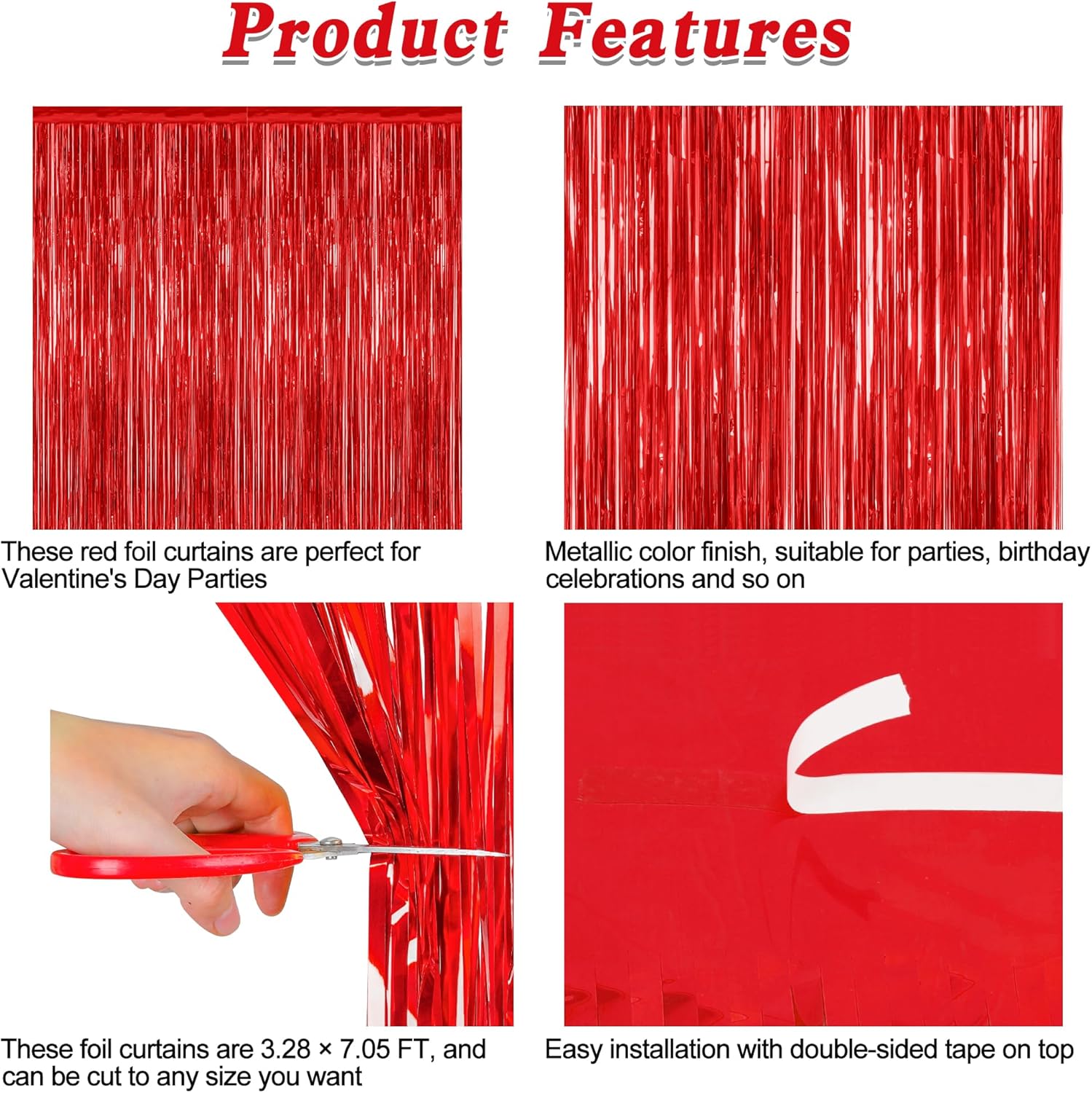 Regine Switzerland Red Backdrop - 8 Pack Metallic Foil Fringe Curtains | 3.28 FT x 7.05 FT Party Decor