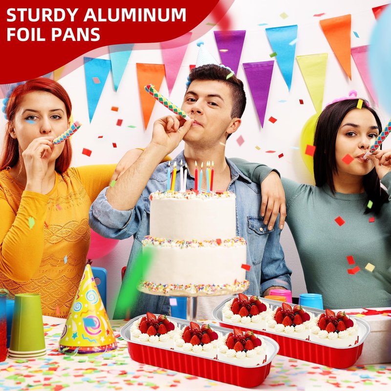 Orlashop 100 Pack Red Mini Aluminum Foil Loaf Pans with Lids 50Pcs 6.8oz and50Pcs 10oz, Spoons & Sealing Stickers Included Ideal for Baking, Storage & Gifting Dessert (100PCS RED)