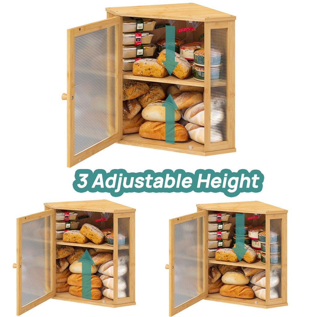 viewcare Corner Bread Box for Kitchen Counter, Bamboo Wood Large Capacity Bread Storage Bin with Acrylic Wavy Door Panel (Natural, Extra Large)