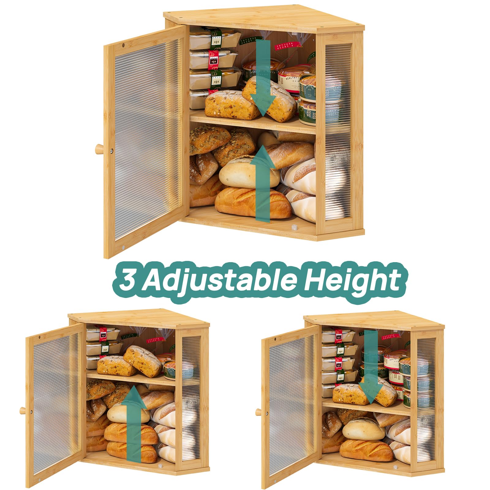 viewcare Corner Bread Box for Kitchen Counter, Bamboo Wood Large Capacity Bread Storage Bin with Acrylic Wavy Door Panel (Natural, Extra Large)