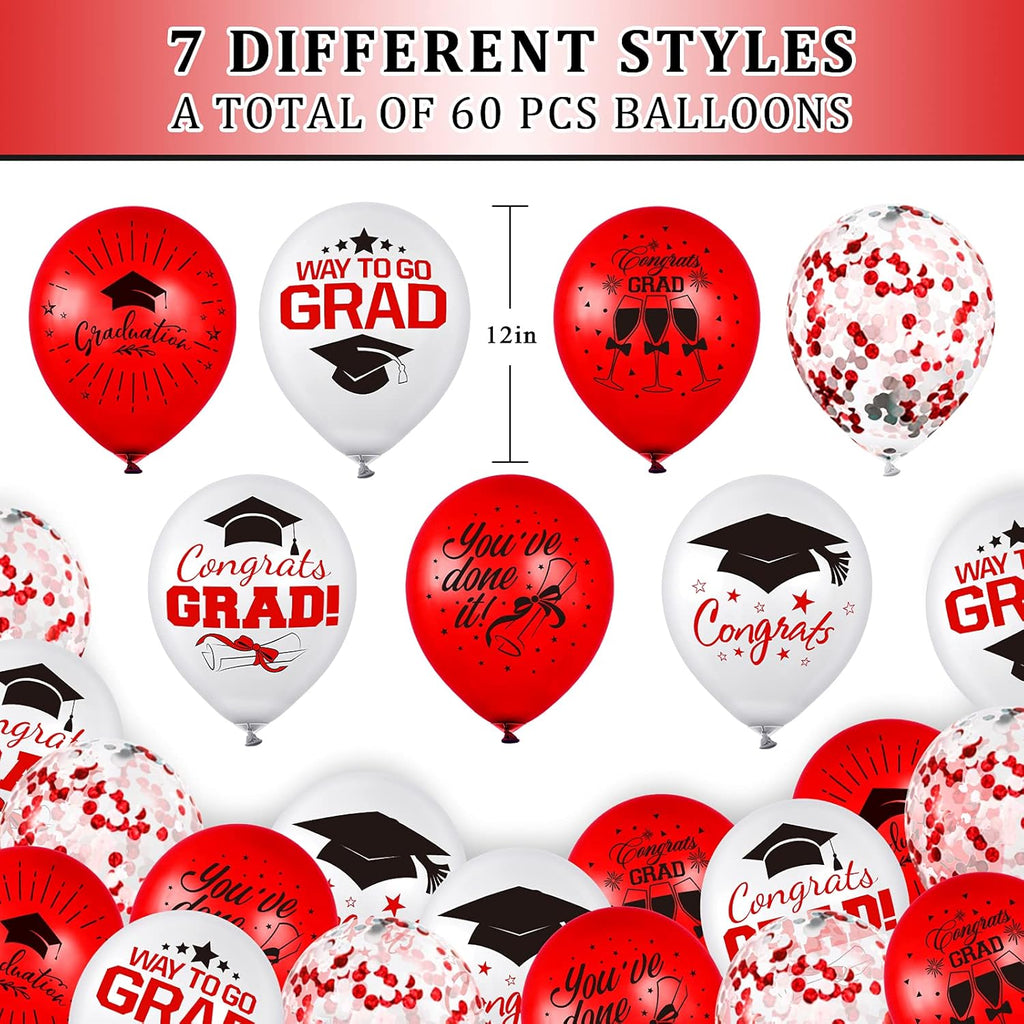 Whaline Graduation Party Balloons Set - 60 Pcs Confetti Latex Balloons with Red Ribbon | Red & White Designs