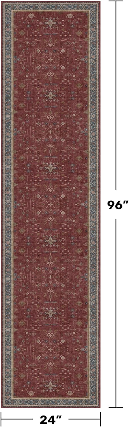 Skiennix Red 2x8 Long Hallway Runner Rug - Boho Washable Non-Skid Indoor Mat | Vintage Geometric Design
