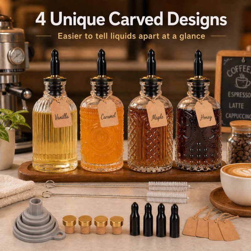 ChezMax Syrup Dispenser Bottles Set of 4, Simple Syrup Bottle for Coffee Bar Accessories, 7 oz Glass Coffee Syrup Dispenser Syrup Containers for Maple Honey Syrup Oil, with Metal Pour Spouts & Labels