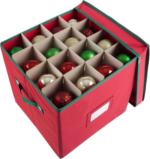 Elf Stor Christmas Decor Storage Box - Red Oxford Canvas Ornament Chest with 64 Dividers & Lid | Pack of 6
