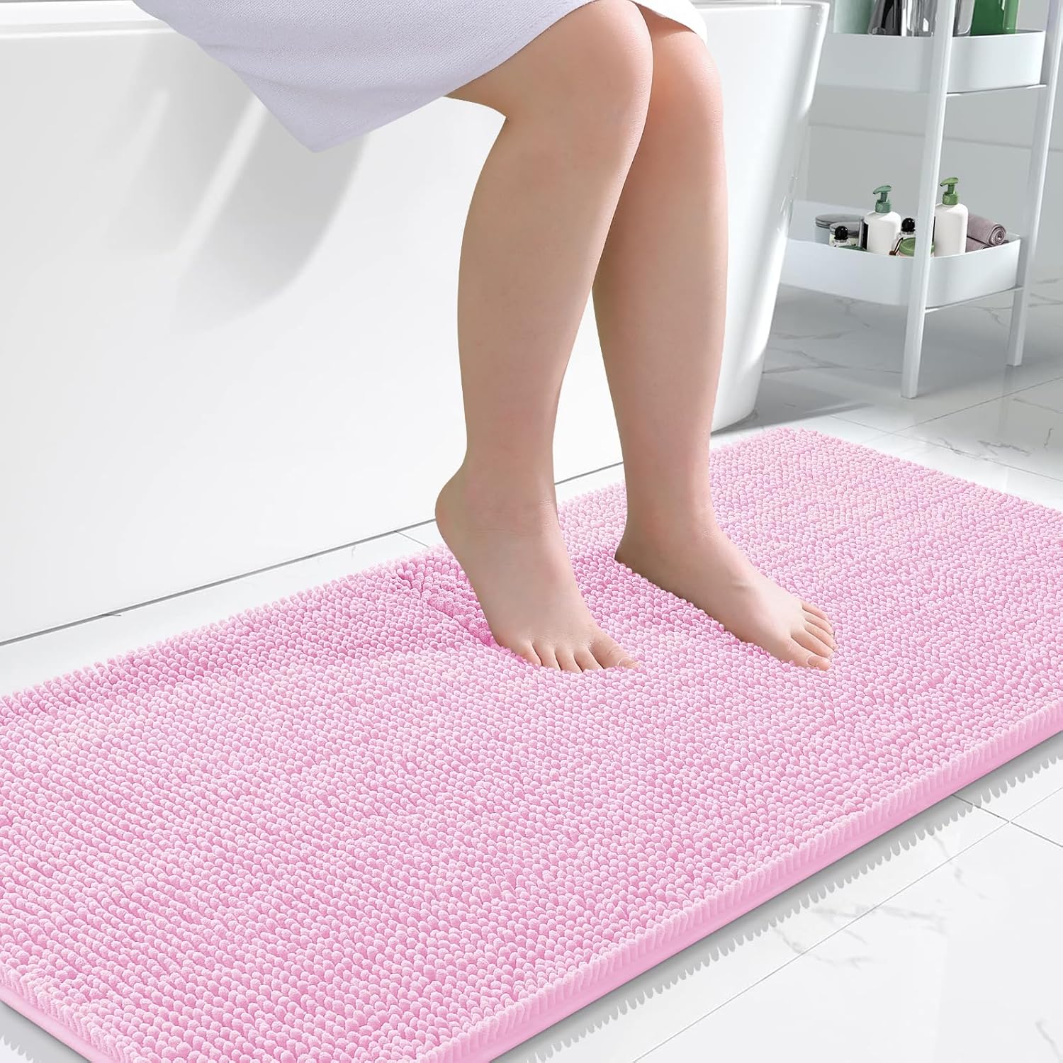 OLANLY Bathroom Runner Rugs - Extra Soft Absorbent Chenille | Quick-Dry Rubber Backing, 47x24, Pink
