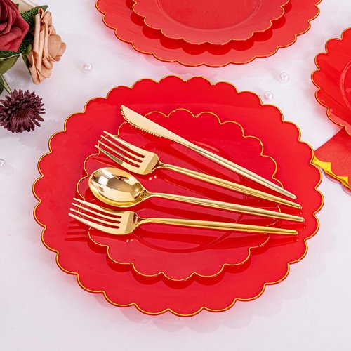 LIYH 210 Pcs Red Plastic Plates - Red Disposable Plates and Napkins Set, Gold Scalloped Plastic Plate Include Dinner & Dessert Plate, Silverware, Cups for Valentine's Day 30 Guests
