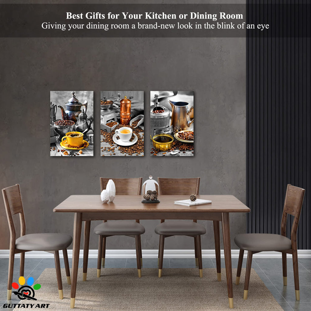 GUTTATY Dining Room Kitchen Canvas Wall Art - Modern Coffee Wall Decor, Beans Canvas Prints Ready to Hang 12"x18", 3-Piece Set