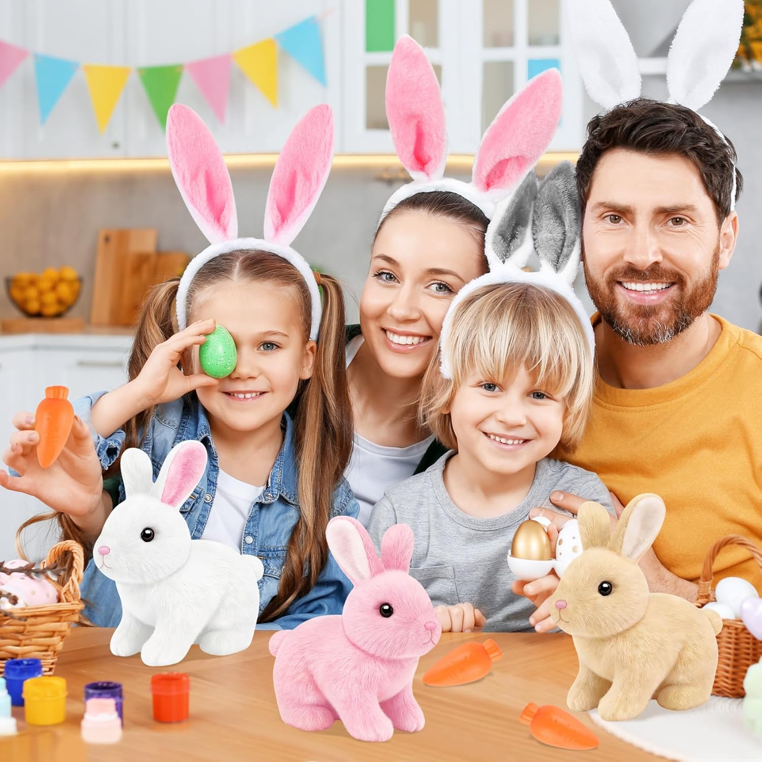 Skiennix Realistic Bunny Toy - Interactive Hopping Rabbit Set with Headband, Electric Sounds & Movements, Brown