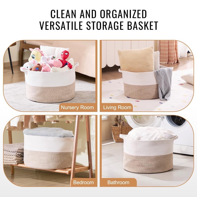 VEVOR Blanket Basket, 67L, Cotton Rope Basket, Woven Basket with Handles, 20" x 13" Round Laundry Hamper Basket Collapsible Extra Large Storage Basket Bins for Organizing Clothes Kids Toys Pillows