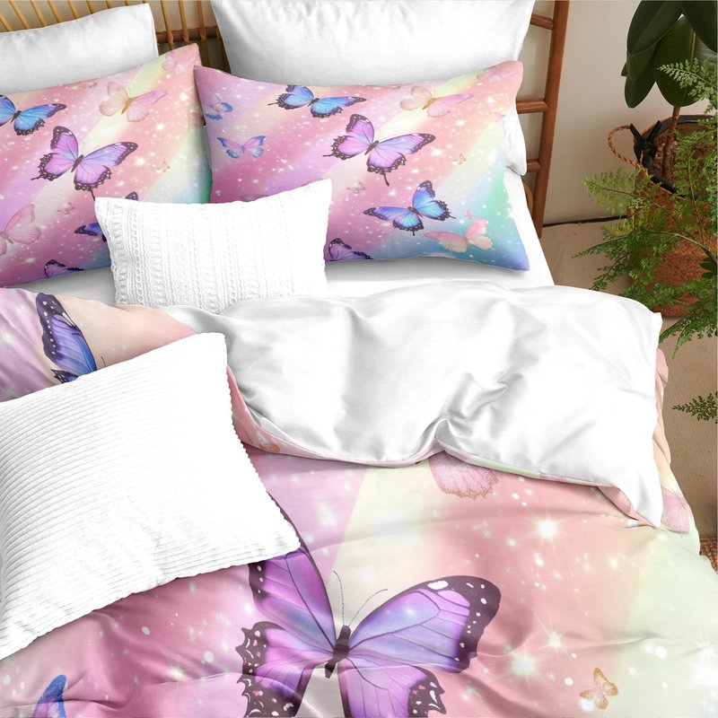 CCoutueChen Gradient Rainbow Comforter Set Queen Girls Kids, 3pcs Sparkling Butterfly Soft Bedding Set with 2 Pillowcases (90" X 90")