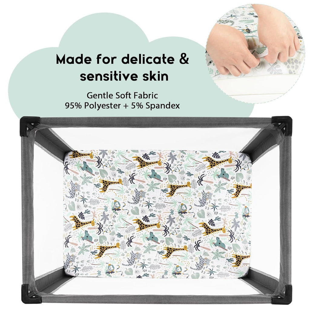 Yoofoss Fitted Pack and Play Sheets - Soft, Breathable 2-Pack Mini Crib Sheets in Green & Giraffe Design